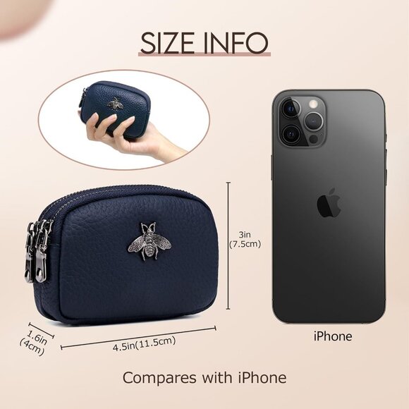 Women Leather Coin Purse Small 2 Zipper Change Wallet Compact Durable Gift - Picture 3 of 7